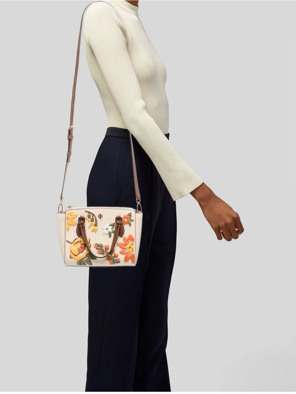 Tory Burch Cream Satchel with Orange, Yellow & Green Floral Embroidery - Picture 3 of 10